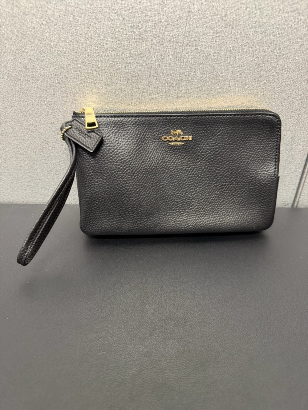 Coach Black Pebbled Leather Double Zip Wristlet Clutch F87587